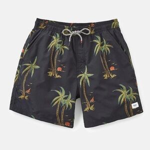 Katin Palm Tree Print Swim Trunks Size M Black Wash Volley Board Shorts